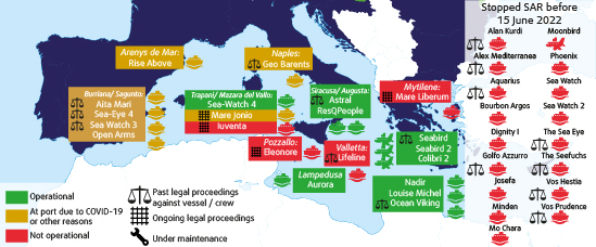 Map of SAR activities in the Mediterranean up to June 2022