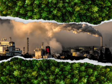 Industry smoking chimneys with forest overlay.
